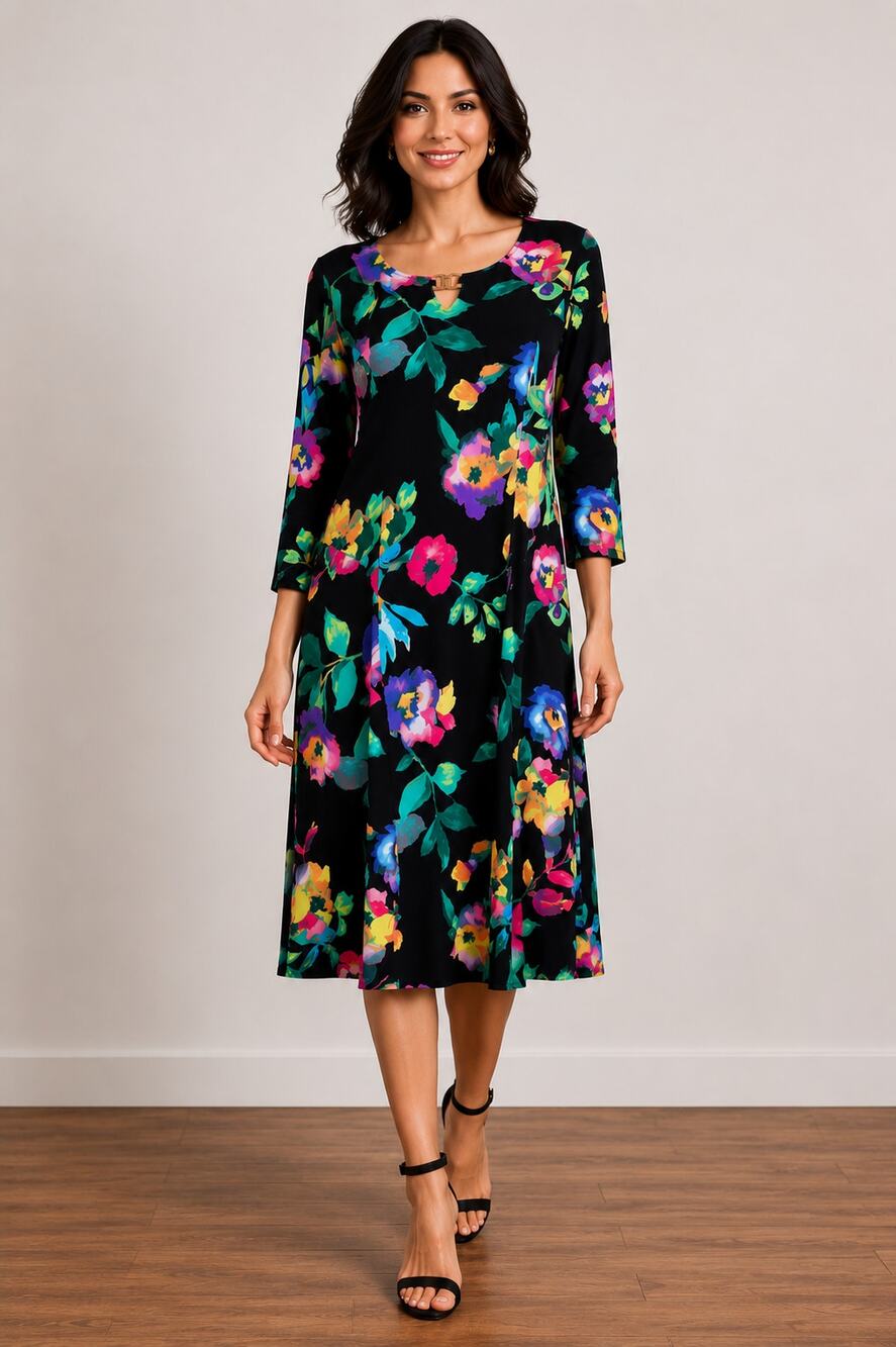 Susan Graver Floral Dress Black Multicolor Stretch 3/4 Sleeve Women's S L Fit